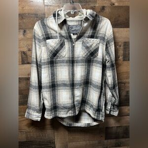 Brooklyn Cloth Mfg Men’s Plaid Zip Up Hoodie Shirt Jacket Medium Tan Gray Black